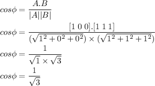 cos \phi = \dfrac{A.B}{|A||B|} \\\\cos \phi = \dfrac{[1 \; 0 \; 0].[1 \; 1 \;  1]}{(\sqrt{1^{2}+0^{2}+0^{2}}) \times(\sqrt{1^{2}+1^{2}+1^{2}})} \\\\cos \phi = \dfrac{1}{\sqrt{1} \times\sqrt{3}} \\\\cos \phi = \dfrac{1}{\sqrt{3}}