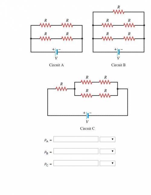 Each resistor in the three circuits in the drawing has the same resistance R, and the batteries have