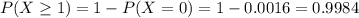 P(X \geq 1) = 1 - P(X = 0) = 1 - 0.0016 = 0.9984