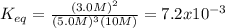 K_{eq}=\frac{(3.0M)^2}{(5.0M)^3(10M)} =7.2x10^{-3}