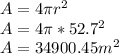 A=4\pi r^{2}\\A=4\pi *52.7^{2}\\A=34900.45m^2