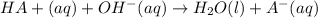 HA+(aq)+OH^-(aq)\rightarrow H_2O(l)+A^-(aq)