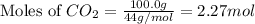 \text{Moles of }CO_2=\frac{100.0g}{44g/mol}=2.27mol