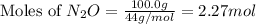 \text{Moles of }N_2O=\frac{100.0g}{44g/mol}=2.27mol