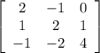 \left[\begin{array}{ccc}2&-1&0\\1&2&1\\-1&-2&4\end{array}\right]