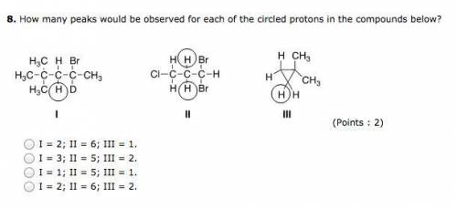 How many peaks would be observed for each of the circled protons in the compounds below?