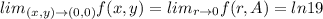 lim_{(x,y)\rightarrow(0,0)}f(x,y)=lim_{r\rightarrow0}f(r,A)=ln19