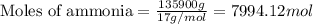 \text{Moles of ammonia}=\frac{135900g}{17g/mol}=7994.12mol