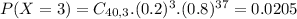 P(X = 3) = C_{40,3}.(0.2)^{3}.(0.8)^{37} = 0.0205