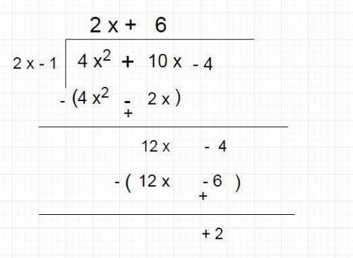What is the remainder when the polynomial 4x2+10x−4 is divided by 2x−1?