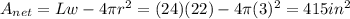 A_{net}=Lw-4\pi r^2=(24)(22)-4\pi (3)^2=415 in^2