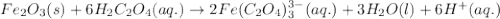 Fe_2O_3(s)+6H_2C_2O_4(aq.)\rightarrow 2Fe(C_2O_4)_3^{3-}(aq.)+3H_2O(l)+6H^+(aq.)