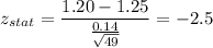 z_{stat} = \displaystyle\frac{1.20 - 1.25}{\frac{0.14}{\sqrt{49}}}= -2.5
