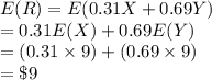 E(R)=E(0.31X+0.69Y)\\=0.31E(X)+0.69E(Y)\\=(0.31\times 9)+(0.69\times9)\\=\$9