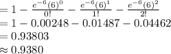 =1-\frac{e^{-6}(6)^{0}}{0!}-\frac{e^{-6}(6)^{1}}{1!}-\frac{e^{-6}(6)^{2}}{2!}\\=1-0.00248-0.01487-0.04462\\=0.93803\\\approx0.9380