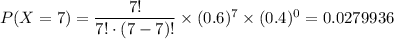 P(X=7)=\dfrac{7!}{7!\cdot (7-7)!}\times (0.6)^7\times (0.4)^0=0.0279936
