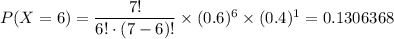 P(X=6)=\dfrac{7!}{6!\cdot (7-6)!}\times (0.6)^6\times (0.4)^1=0.1306368