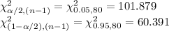 \chi^{2}_{\alpha /2, (n-1)}=\chi^{2}_{0.05, 80}=101.879\\\chi^{2}_{(1-\alpha /2), (n-1)}=\chi^{2}_{0.95, 80}=60.391\\