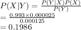 P(X|Y)=\frac{P(Y|X)P(X)}{P(Y)} \\=\frac{0.993\times0.000025}{0.000125}\\ =0.1986