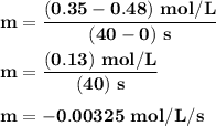 \bold {m = \dfrac {(0.35- 0.48)\  mol/L}{(40-0)\ s}}\\\\\bold {m =  \dfrac {(0.13)\  mol/L}{(40)\ s}}\\\\\bold {m = -0.00325\ mol /L /s }