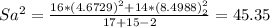 Sa^2= \frac{16*(4.6729)^2+14*(8.4988)^2_2}{17+15-2}= 45.35