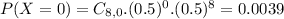 P(X = 0) = C_{8,0}.(0.5)^{0}.(0.5)^{8} = 0.0039