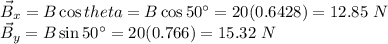 \vec{B}_x = B\cos{theta} = B\cos{50^\circ} = 20(0.6428) = 12.85~N\\\vec{B}_y = B\sin{50^\circ} = 20(0.766) = 15.32~N