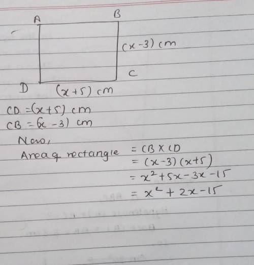 A rectangle has a length of X +5 and a width of X -3 what is the area of the rectangle