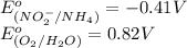 E^o_{(NO_2^-/NH_4)}=-0.41V\\E^o_{(O_2/H_2O)}=0.82V