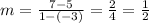 m=\frac{7-5}{1-(-3)}=\frac{2}{4}=\frac{1}{2}