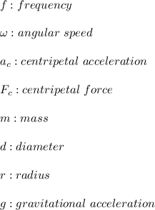 f:frequency\\\\ \omega:angular\text{ }speed\\\\ a_c:centripetal\text{ }acceleration\\\\ F_c:centripetal\text{ }force\\ \\ m:mass\\ \\ d:diameter\\ \\ r:radius\\ \\ g:gravitational\text{ }acceleration