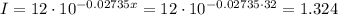 I=12\cdot 10^{-0.02735x}=12\cdot 10^{-0.02735\cdot 32}=1.324