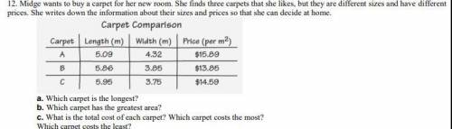 Midge wants to buy a carpet for her new room. She finds three carpets that she likes, but they are d