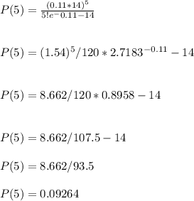 P(5)=\frac{(0.11*14)^5}{5!e^-0.11-14} \\\\\\P(5)=(1.54)^5/120*2.7183^{-0.11} -14\\\\\\P(5)=8.662/120*0.8958-14\\\\\\P(5)=8.662/107.5-14\\\\P(5)=8.662/93.5\\\\P(5)=0.09264