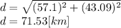 d = \sqrt{(57.1)^{2} +(43.09)^{2} } \\d= 71.53[km]