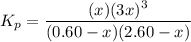 K_p=\dfrac{(x)(3x)^3}{(0.60-x)(2.60-x)}