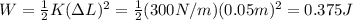 W = \frac{1}{2} K (\Delta L)^2 =\frac{1}{2} (300 N/m) (0.05 m)^2 = 0.375 J