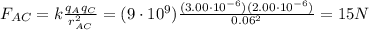F_{AC}=k\frac{q_A q_C}{r_{AC}^2}=(9\cdot 10^9) \frac{(3.00\cdot 10^{-6})(2.00\cdot 10^{-6})}{0.06^2}=15 N