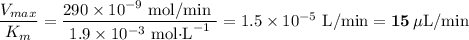 \dfrac{V_{max}}{K_{m}} = \dfrac{290 \times 10^{-9}\text{ mol/min }}{1.9 \times 10^{-3}\text{ mol$\cdot$L}^{-1}} = 1.5 \times 10^{-5} \text{ L/min} = \mathbf{15 \, \mu \text{L/min}}