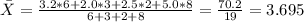 \bar X= \frac{3.2*6+2.0*3+2.5*2+5.0*8}{6+3+2+8}=\frac{70.2}{19}=3.695
