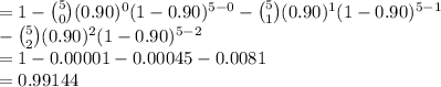 =1-{5\choose 0}(0.90)^{0}(1-0.90)^{5-0}-{5\choose 1}(0.90)^{1}(1-0.90)^{5-1}\\-{5\choose 2}(0.90)^{2}(1-0.90)^{5-2}\\=1-0.00001-0.00045-0.0081\\=0.99144