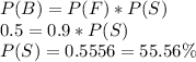 P(B) = P(F)*P(S)\\0.5=0.9* P(S)\\P(S) = 0.5556=55.56\%