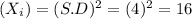 (X_i)=(S.D)^2=(4)^2=16