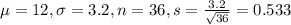 \mu = 12, \sigma = 3.2, n = 36, s = \frac{3.2}{\sqrt{36}} = 0.533