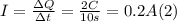 I =\frac{\Delta Q}{\Delta t} = \frac{2C}{10s}  = 0.2 A (2)