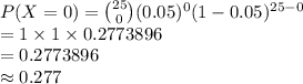 P(X=0) = {25\choose 0}(0.05)^{0}(1-0.05)^{25-0}\\=1\times1\times0.2773896\\=0.2773896\\\approx 0.277