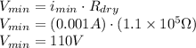 V_{min} = i_{min} \cdot R_{dry}\\V_{min} = (0.001 A)\cdot(1.1 \times 10^5 \Omega)\\V_{min} = 110 V