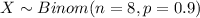 X \sim Binom(n=8, p=0.9)