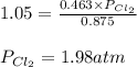 1.05=\frac{0.463\times P_{Cl_2}}{0.875}\\\\P_{Cl_2}=1.98atm