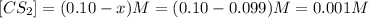 [CS_2]=(0.10-x) M=(0.10- 0.099) M=0.001 M